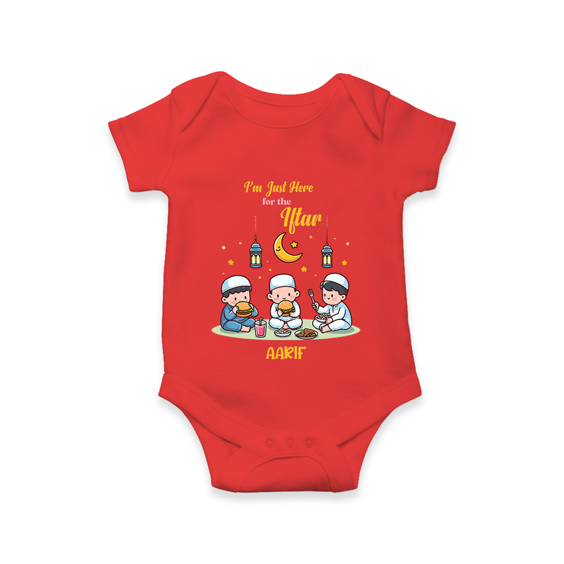 I'm Just Here For The Iftar - Ramadan Themed Customized Romper For Babies With Name - RED - 0 - 3 Months Old (Chest 16")