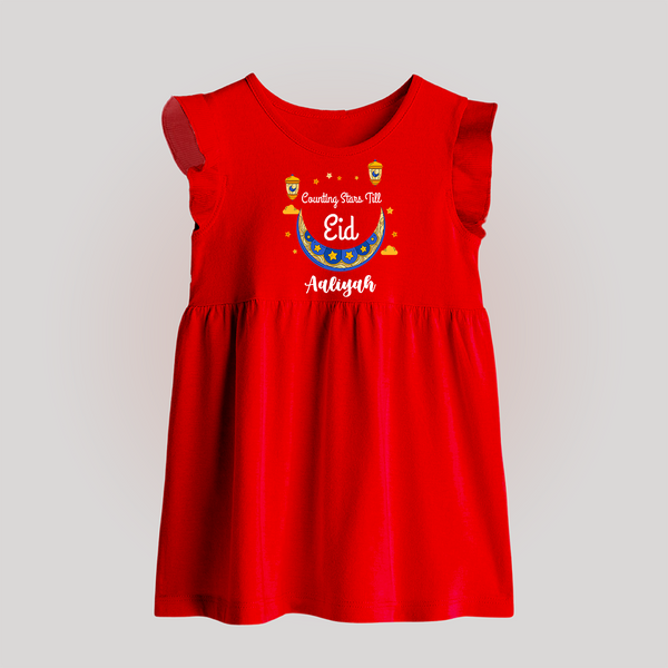  Counting Stars Till Eid - Ramadan Themed Customized Baby Frock For Babies With Name - RED - 0 - 3 Months Old (Chest 17")