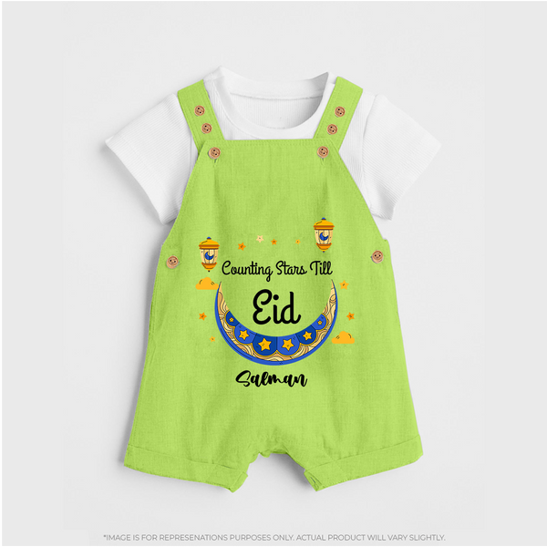  Counting Stars Till Eid - Ramadan Themed Customized Dungaree Set For Kids With Name - GREEN - 0 - 5 Months Old (Chest 18")