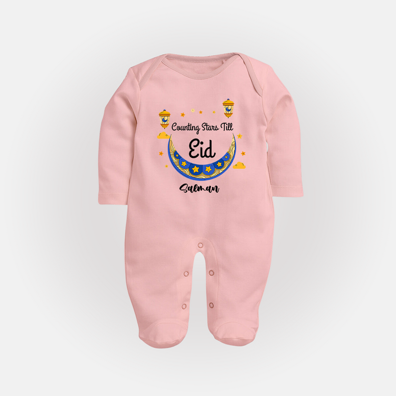  Counting Stars Till Eid - Ramadan Themed Customized Sleep Suit For Babies With Name - BABY PINK - New Born (Chest 7.5")