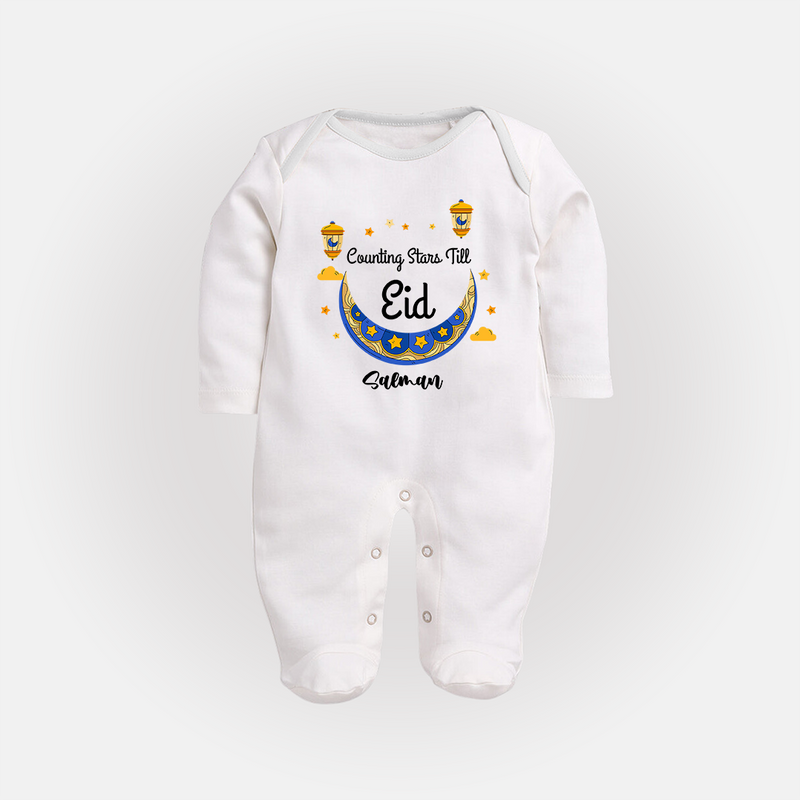  Counting Stars Till Eid - Ramadan Themed Customized Sleep Suit For Babies With Name - WHITE - New Born (Chest 7.5")