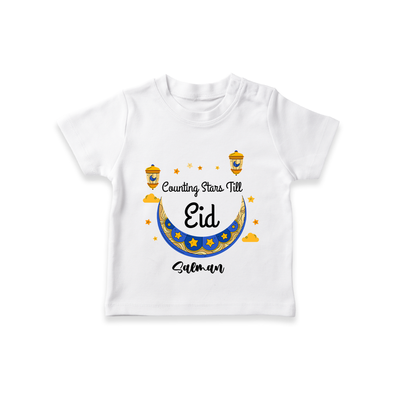  Counting Stars Till Eid - Ramadan Themed Customized T-Shirt For Kids With Name - WHITE - 0-5 Months Old (Chest 17")