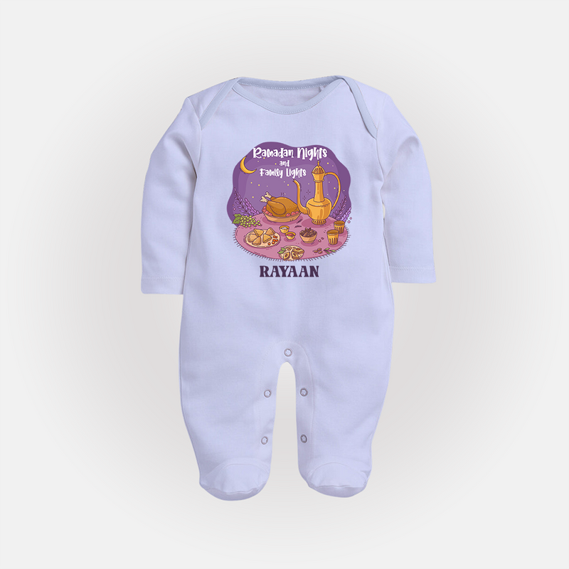 Ramadan Nights And Family Lights - Ramadan Themed Customized Sleep Suit For Babies With Name - BABY BLUE - New Born (Chest 7.5")