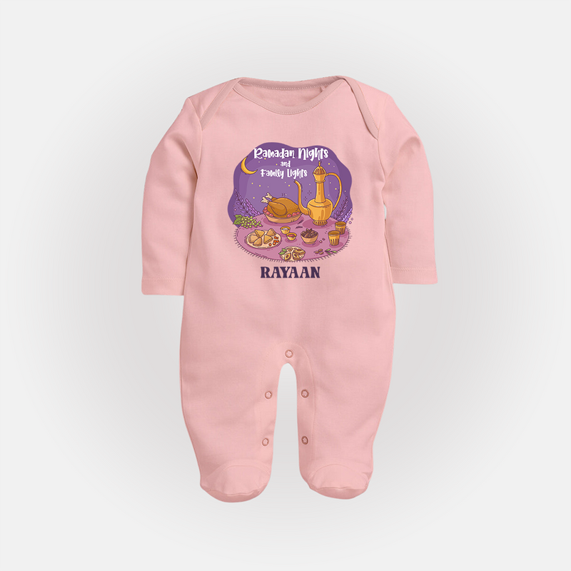 Ramadan Nights And Family Lights - Ramadan Themed Customized Sleep Suit For Babies With Name - BABY PINK - New Born (Chest 7.5")