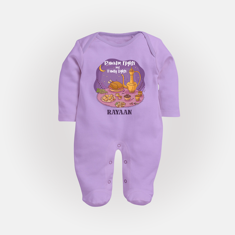 Ramadan Nights And Family Lights - Ramadan Themed Customized Sleep Suit For Babies With Name - LILAC - New Born (Chest 7.5")