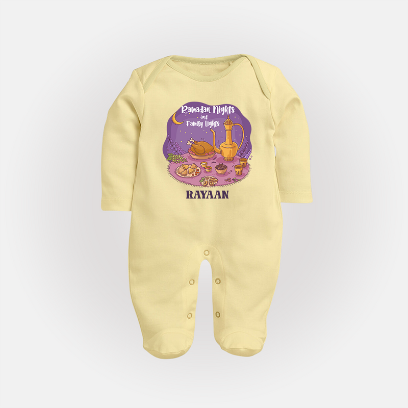 Ramadan Nights And Family Lights - Ramadan Themed Customized Sleep Suit For Babies With Name - PASTEL YELLOW - New Born (Chest 7.5")