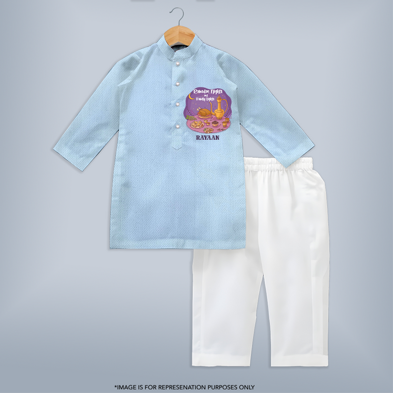 Ramadan Nights And Family Lights - Ramadan Themed Customized Kurta Set For Kids With Name - SKY BLUE - 3 - 6 Months Old (Chest 24", Kurta Length 14'', Waist 19", Pant Length 14")