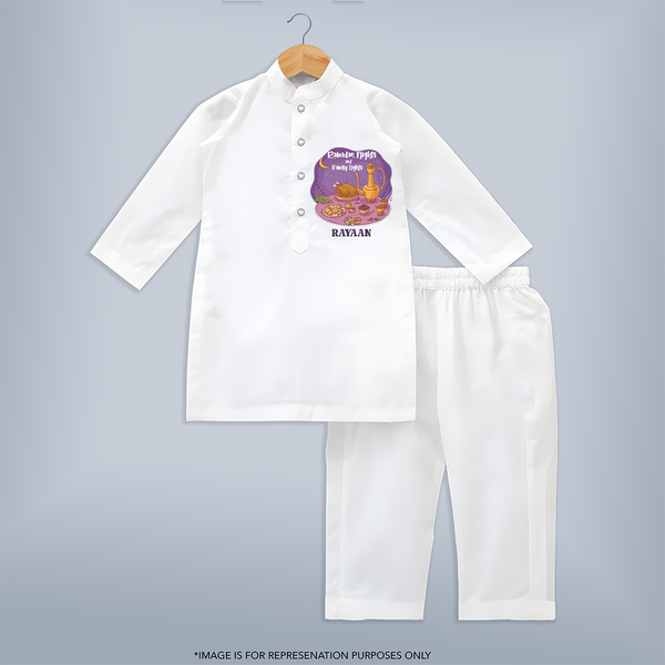 Ramadan Nights And Family Lights - Ramadan Themed Customized Kurta Set For Kids With Name - WHITE - 3 - 6 Months Old (Chest 24", Kurta Length 14'', Waist 19", Pant Length 14")