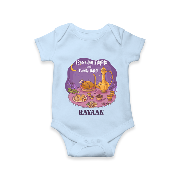 Ramadan Nights And Family Lights - Ramadan Themed Customized Romper For Babies With Name - BABY BLUE - 0 - 3 Months Old (Chest 16")