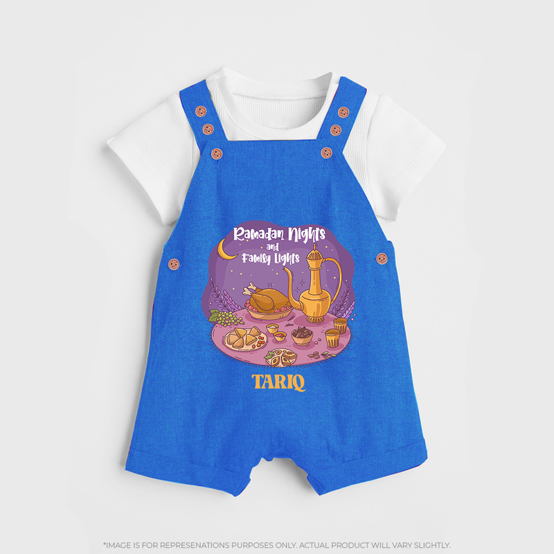 Ramadan Nights And Family Lights - Ramadan Themed Customized Dungaree Set For Kids With Name - COBALT BLUE - 0 - 5 Months Old (Chest 18")