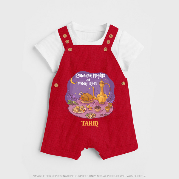 Ramadan Nights And Family Lights - Ramadan Themed Customized Dungaree Set For Kids With Name - RED - 0 - 5 Months Old (Chest 18")