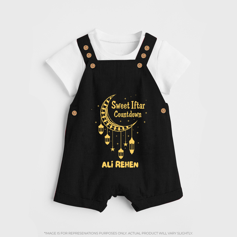 Sweet Iftar Countdown - Ramadan Themed Customized Dungaree Set For Kids With Name - BLACK - 0 - 5 Months Old (Chest 18")