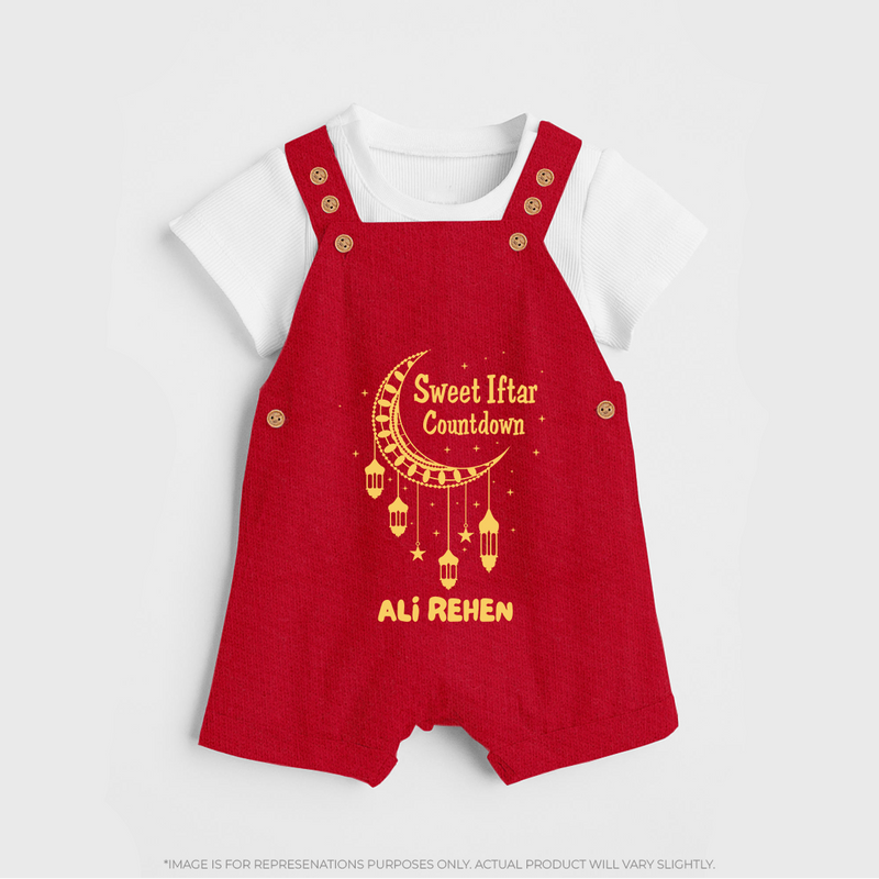 Sweet Iftar Countdown - Ramadan Themed Customized Dungaree Set For Kids With Name - RED - 0 - 5 Months Old (Chest 18")