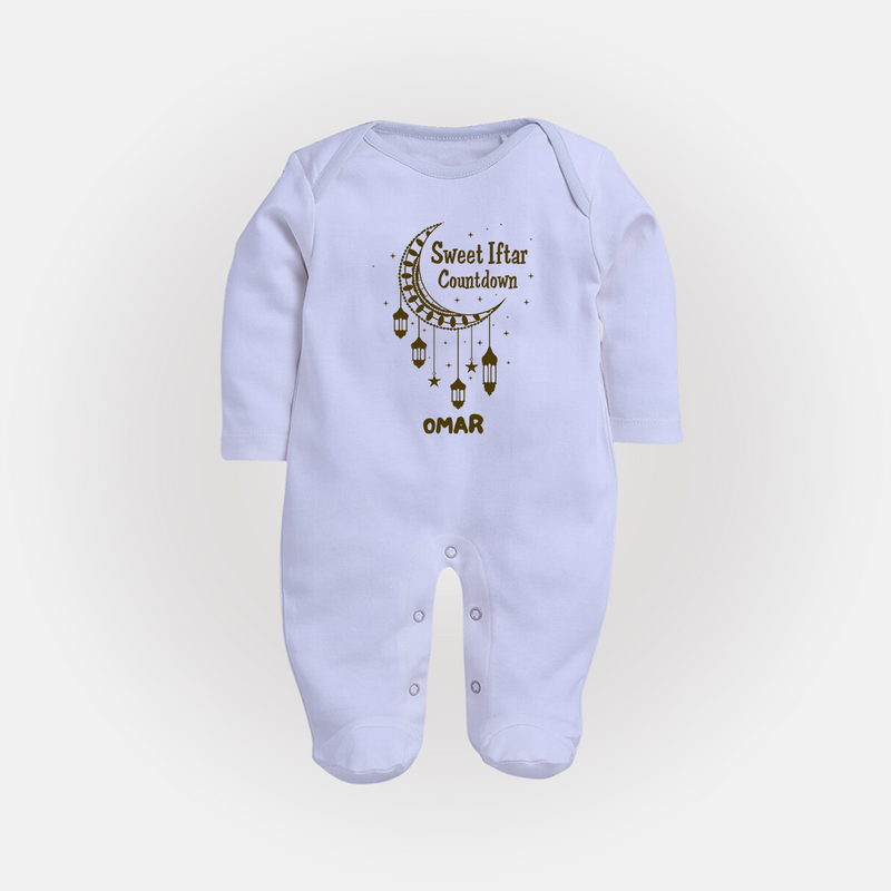 Sweet Iftar Countdown - Ramadan Themed Customized Sleep Suit For Babies With Name - BABY BLUE - New Born (Chest 7.5")