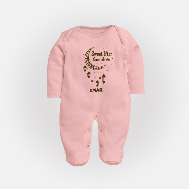 Sweet Iftar Countdown - Ramadan Themed Customized Sleep Suit For Babies With Name - BABY PINK - New Born (Chest 7.5")