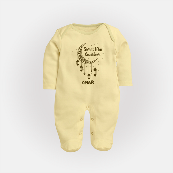 Sweet Iftar Countdown - Ramadan Themed Customized Sleep Suit For Babies With Name - PASTEL YELLOW - New Born (Chest 7.5")