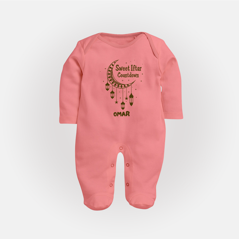 Sweet Iftar Countdown - Ramadan Themed Customized Sleep Suit For Babies With Name - PEACH - New Born (Chest 7.5")