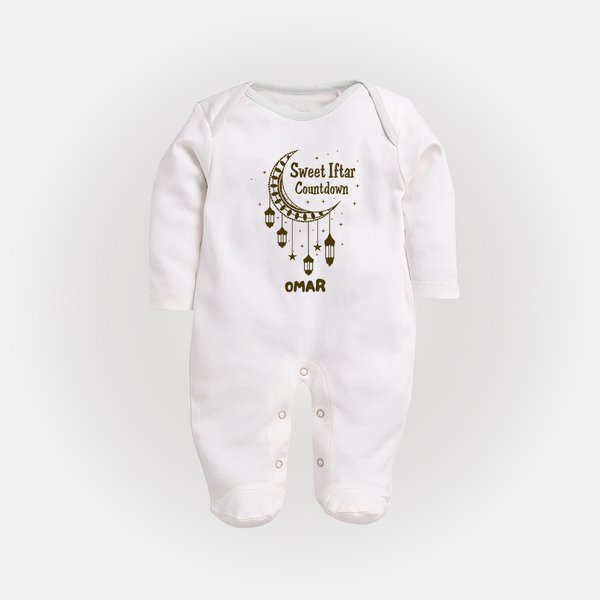 Sweet Iftar Countdown - Ramadan Themed Customized Sleep Suit For Babies With Name - WHITE - New Born (Chest 7.5")