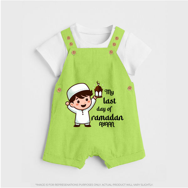 My Last Day Of Ramadan - Ramadan Themed Customized Dungaree Set For Kids With Name - GREEN - 0 - 5 Months Old (Chest 18")