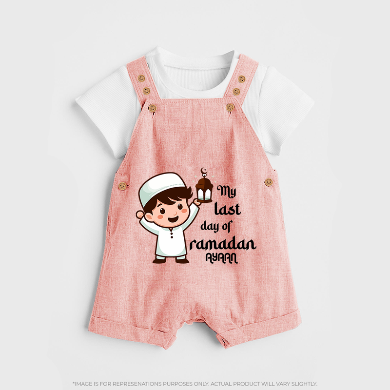 My Last Day Of Ramadan - Ramadan Themed Customized Dungaree Set For Kids With Name - PEACH - 0 - 5 Months Old (Chest 18")