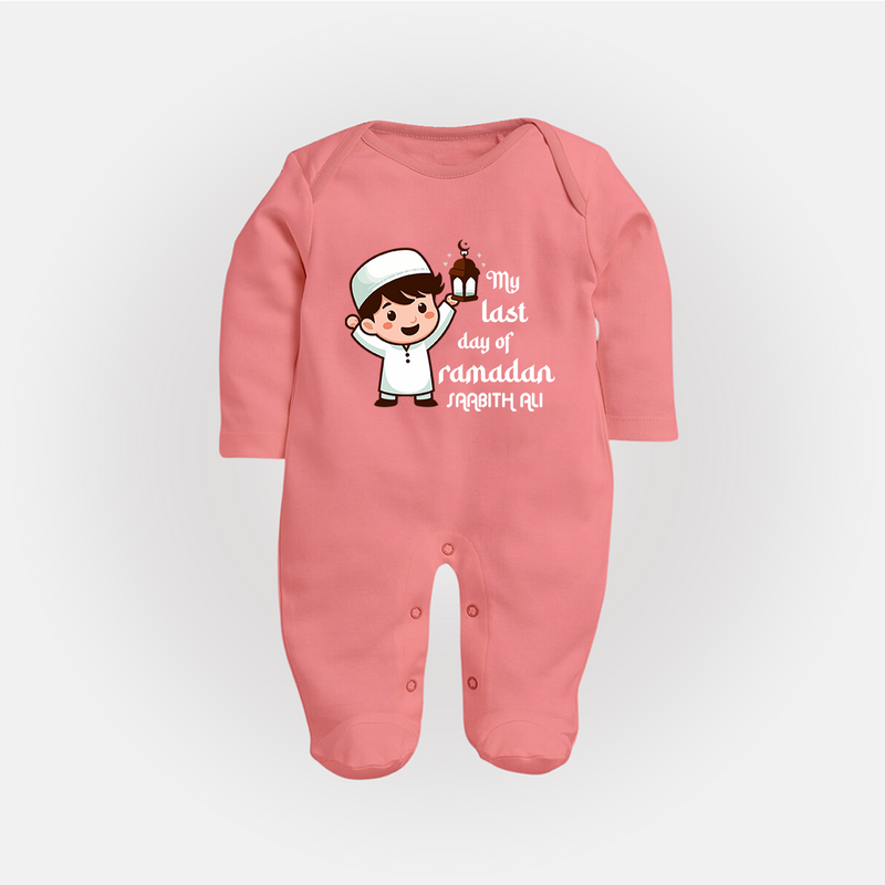 My Last Day Of Ramadan - Ramadan Themed Customized Sleep Suit For Babies With Name - PEACH - New Born (Chest 7.5")