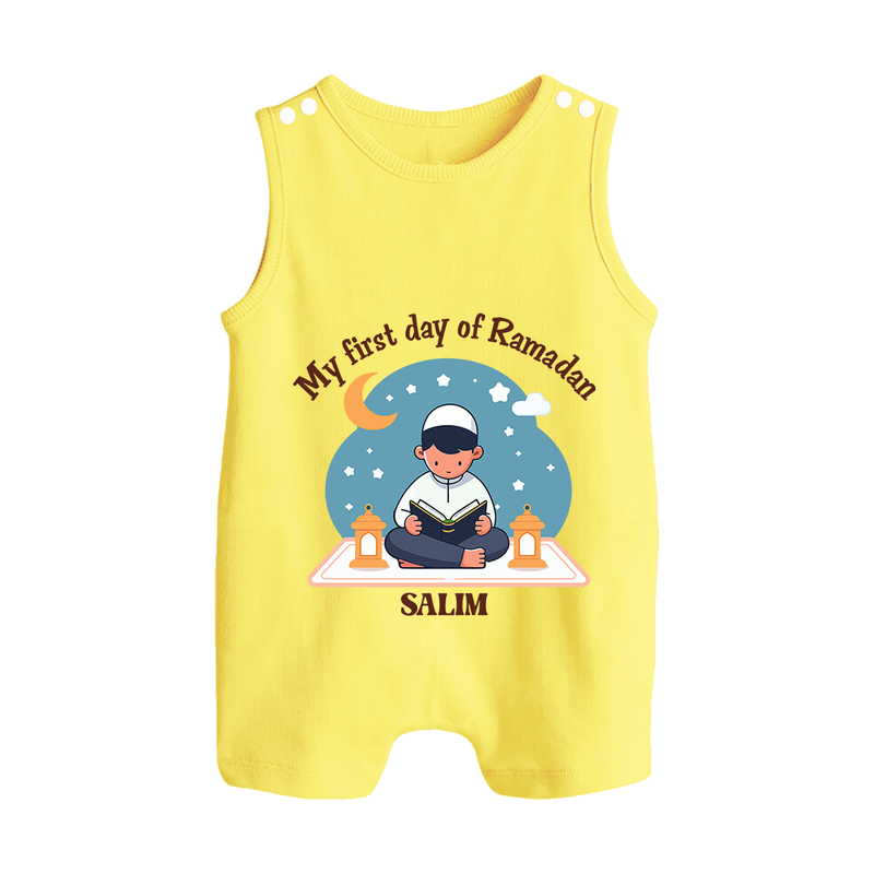 My First Day Of Ramadan - Ramadan Themed Customized Romper Suit For Babies With Name - PASTEL YELLOW - 0 - 5 Months Old (Chest 18")