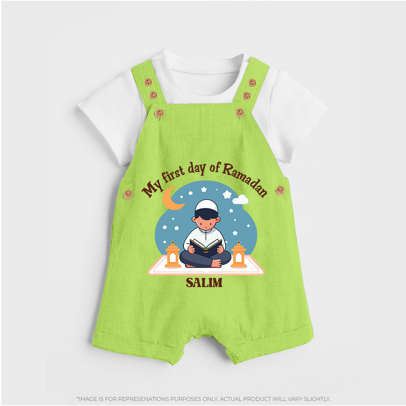 My First Day Of Ramadan - Ramadan Themed Customized Dungaree Set For Kids With Name - GREEN - 0 - 5 Months Old (Chest 18")