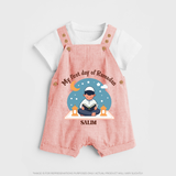 My First Day Of Ramadan - Ramadan Themed Customized Dungaree Set For Kids With Name - PEACH - 0 - 5 Months Old (Chest 18")