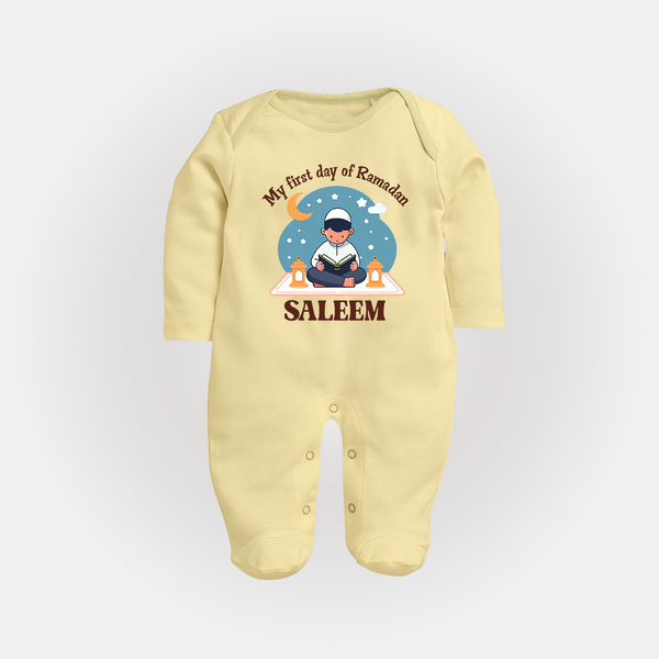 My First Day of Ramadan boy version Personalised Kids Fullbody Suit - PASTEL YELLOW - New Born (Chest 7.5")