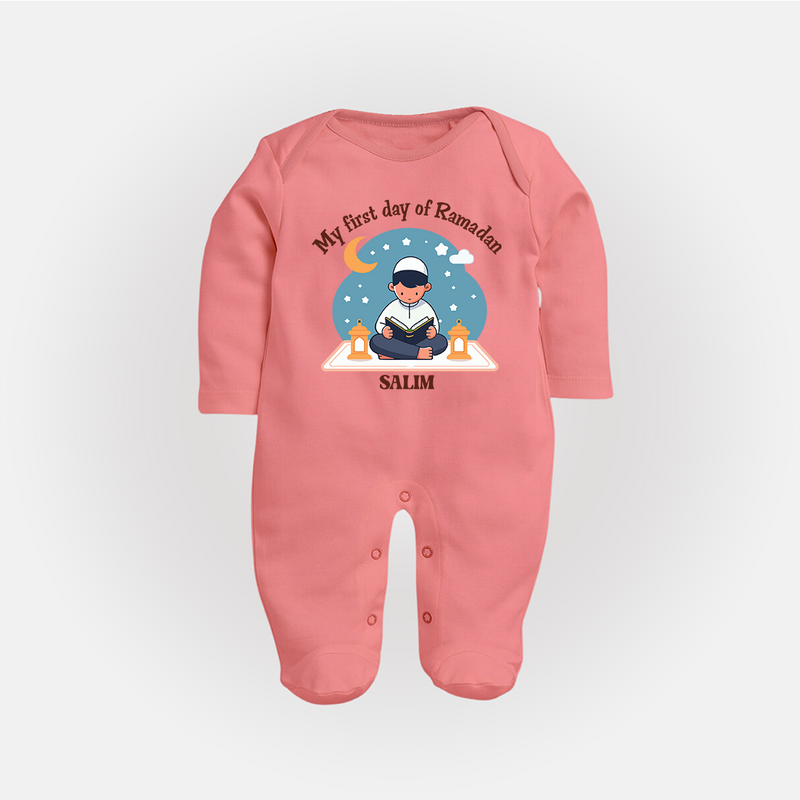 My First Day Of Ramadan - Ramadan Themed Customized Sleep Suit For Babies With Name - PEACH - New Born (Chest 7.5")