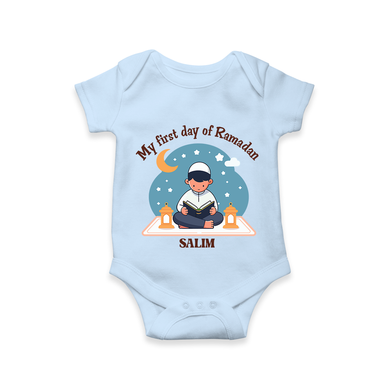 My First Day Of Ramadan - Ramadan Themed Customized Romper For Babies With Name - BABY BLUE - 0 - 3 Months Old (Chest 16")