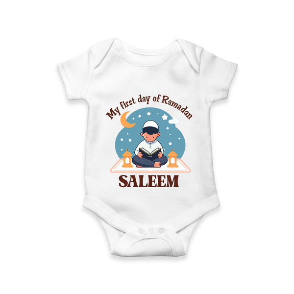 My First Day of Ramadan boy version Personalised Kids Romper - WHITE - New Born (Chest 14")