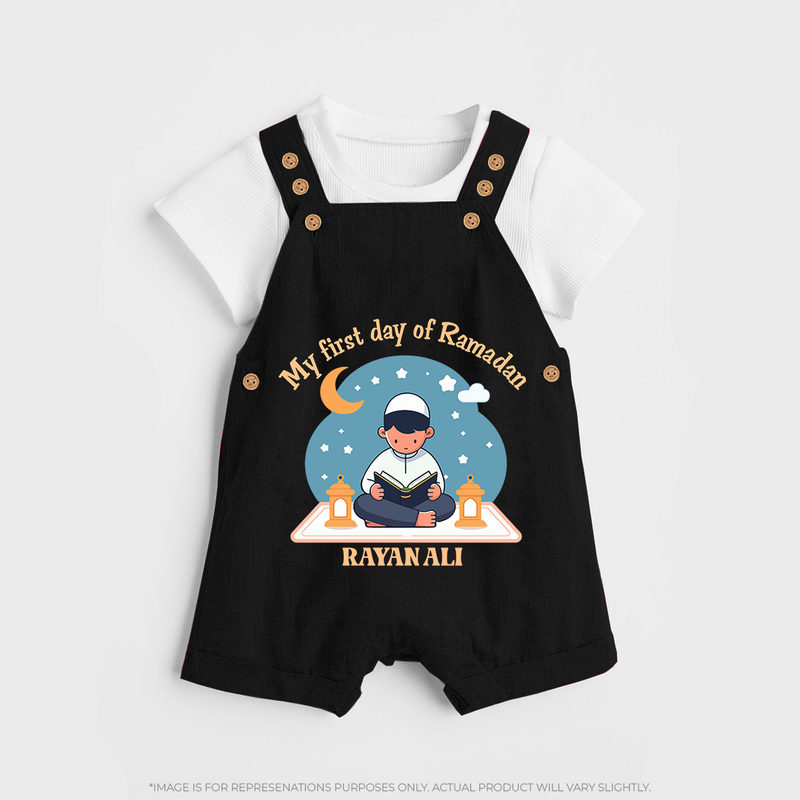 My First Day Of Ramadan - Ramadan Themed Customized Dungaree Set For Kids With Name - BLACK - 0 - 5 Months Old (Chest 18")