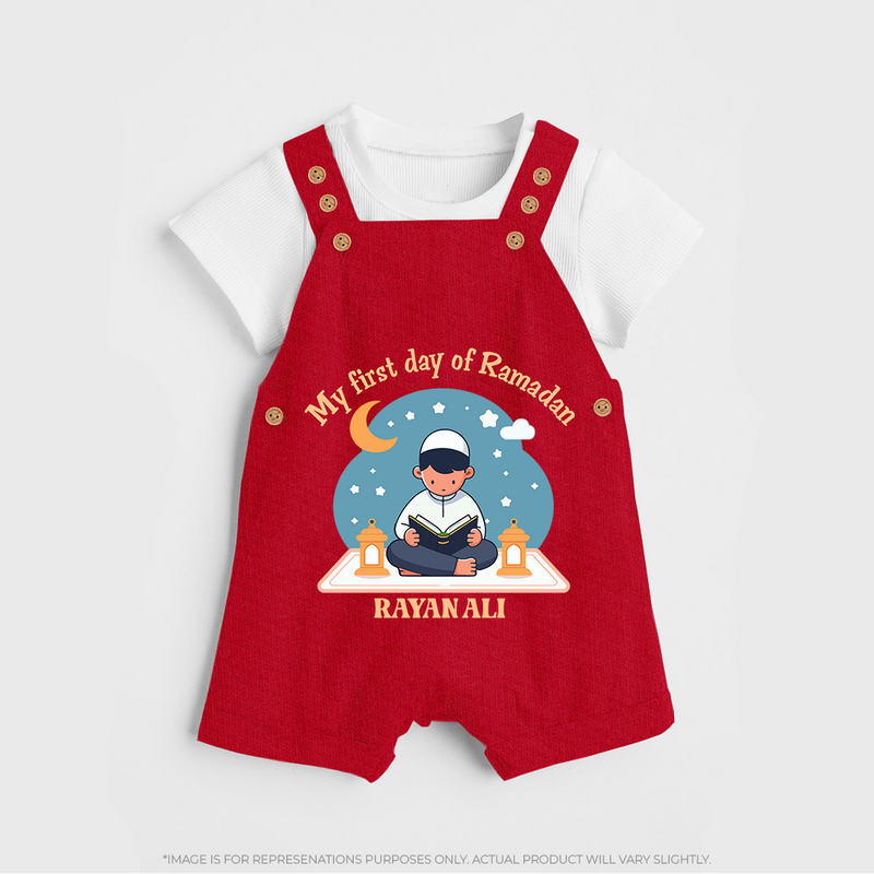 My First Day Of Ramadan - Ramadan Themed Customized Dungaree Set For Kids With Name - RED - 0 - 5 Months Old (Chest 18")