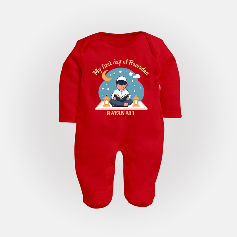 My First Day Of Ramadan - Ramadan Themed Customized Sleep Suit For Babies With Name - RED - New Born (Chest 7.5")