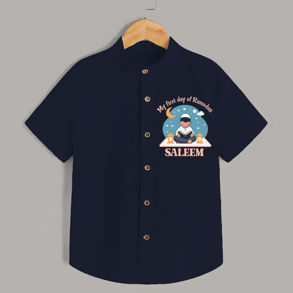 My First Day of Ramadan boy version Personalised Kids Shirt - NAVY BLUE - 0 - 6 Months Old (Chest 23")