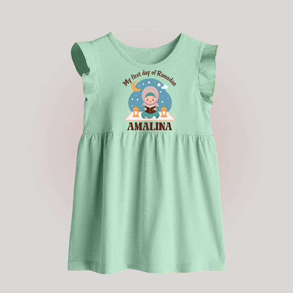 My First Day of Ramadan girl version Personalised Kids Baby Frock - MINT GREEN - 0 - 3 Months Old (Chest 17")