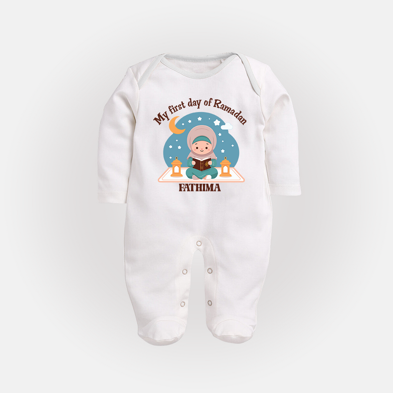 My First Day Of Ramadan - Ramadan Themed Customized Sleep Suit For Babies - WHITE - New Born (Chest 7.5")