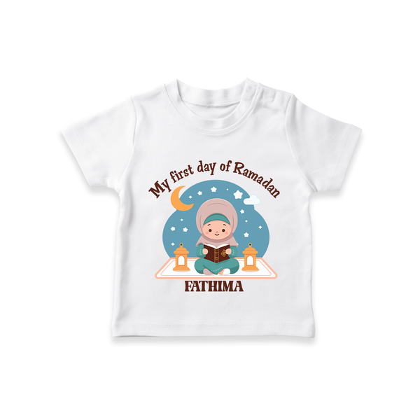 My First Day Of Ramadan - Ramadan Themed Customized T-Shirt For Kids - WHITE - 0-5 Months Old (Chest 17")