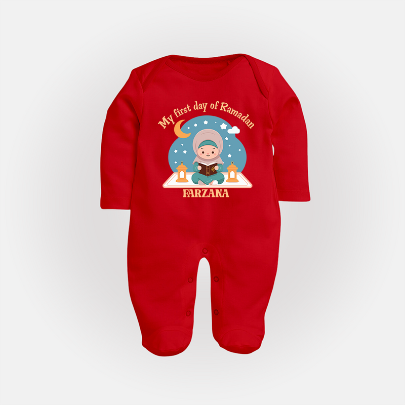 My First Day Of Ramadan - Ramadan Themed Customized Sleep Suit For Babies - RED - New Born (Chest 7.5")