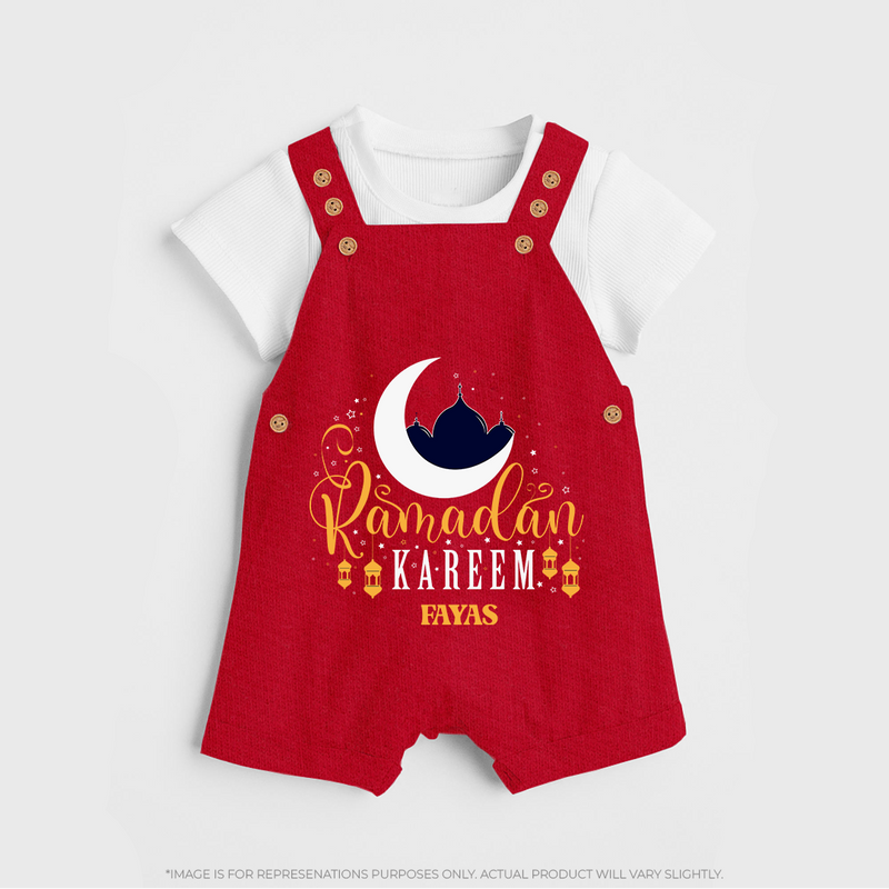 Ramadan Kareem - Ramadan Themed Customized Dungaree Set For Kids With Name - RED - 0 - 5 Months Old (Chest 18")