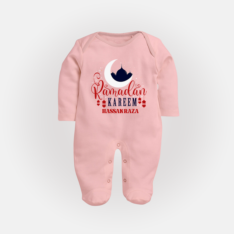 Ramadan Kareem - Ramadan Themed Customized Sleep Suit For Babies With Name - BABY PINK - New Born (Chest 7.5")