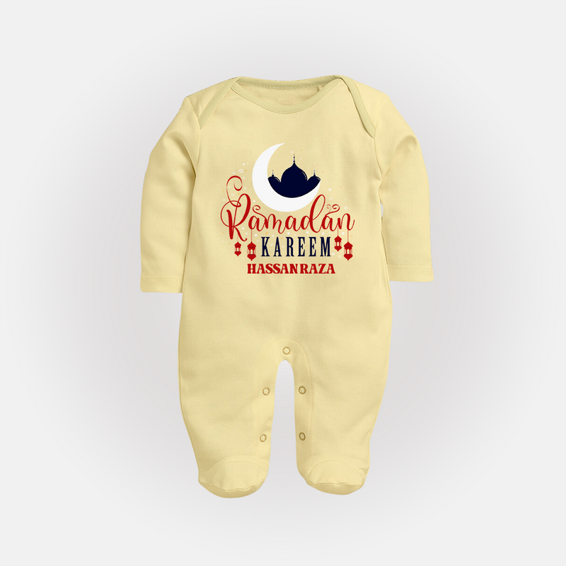 Ramadan Kareem - Ramadan Themed Customized Sleep Suit For Babies With Name - PASTEL YELLOW - New Born (Chest 7.5")