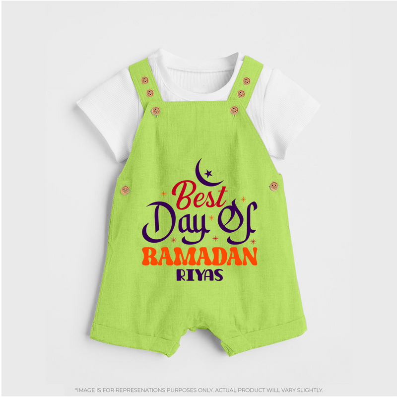 Best Day Of Ramadan - Ramadan Themed Customized Dungaree Set For Kids With Name - GREEN - 0 - 5 Months Old (Chest 18")