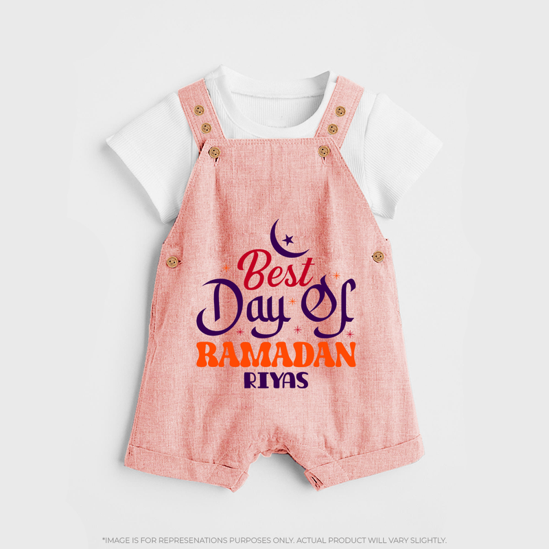 Best Day Of Ramadan - Ramadan Themed Customized Dungaree Set For Kids With Name - PEACH - 0 - 5 Months Old (Chest 18")