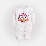 Best Day Of Ramadan - Ramadan Themed Customized Sleep Suit For Babies With Name - WHITE - New Born (Chest 7.5")