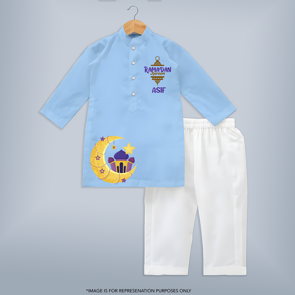 Ramadan Kareem Crescent Moon Personalised Kids Kurta - BABY BLUE - 3 - 6 Months Old (Chest 24", Kurta Length 14'', Waist 19", Pant Length 14")