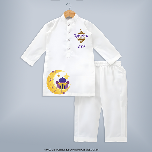 Ramadan Kareem Crescent Moon Personalised Kids Kurta - WHITE - 3 - 6 Months Old (Chest 24", Kurta Length 14'', Waist 19", Pant Length 14")