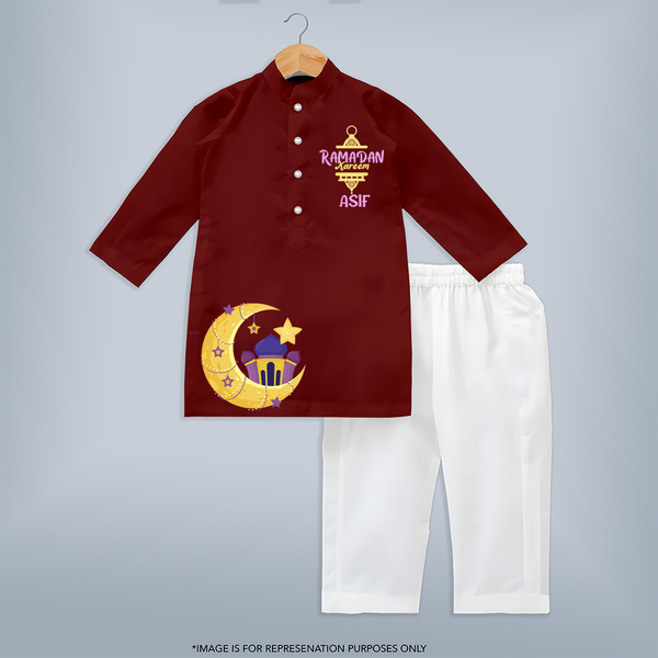 Ramadan Kareem Crescent Moon Personalised Kids Kurta - MAROON - 3 - 6 Months Old (Chest 24", Kurta Length 14'', Waist 19", Pant Length 14")