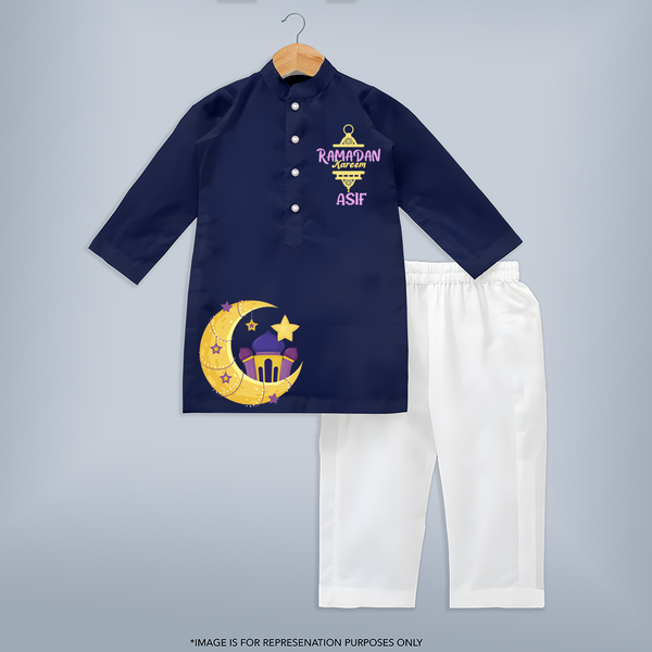 Ramadan Kareem Crescent Moon Personalised Kids Kurta - NAVY BLUE - 3 - 6 Months Old (Chest 24", Kurta Length 14'', Waist 19", Pant Length 14")